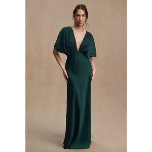 BHLDN size 24W Leila Deep V Neck Flutter Sleeve Dark Green Gown Dress